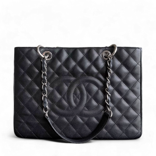 Chanel GST Grand Shopping Tote - Caivar Hardware Quilted Black Tote Bag
