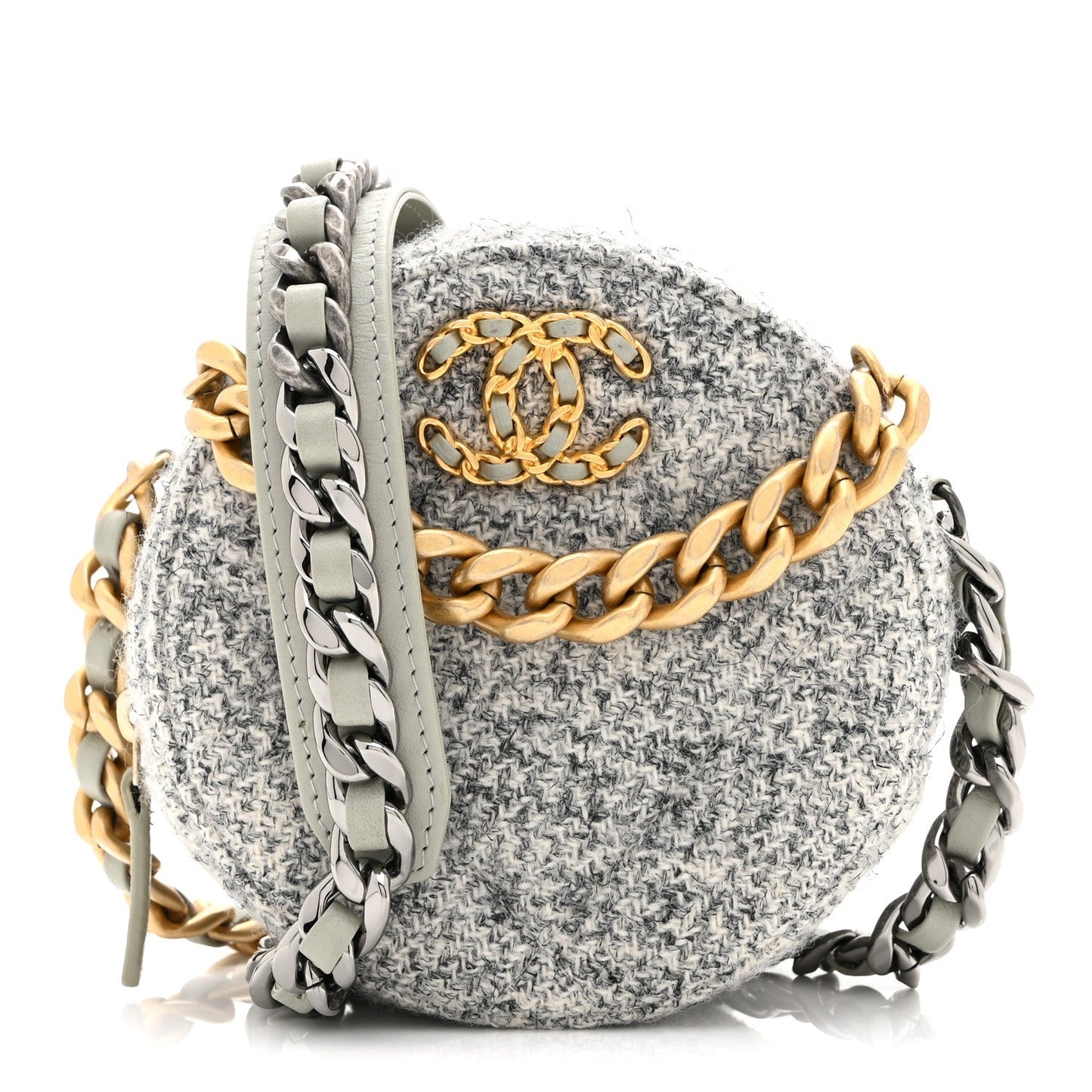 Chanel Wool Tweed Lambskin Quilted 19 Round Clutch With Chain Grey Ecru
