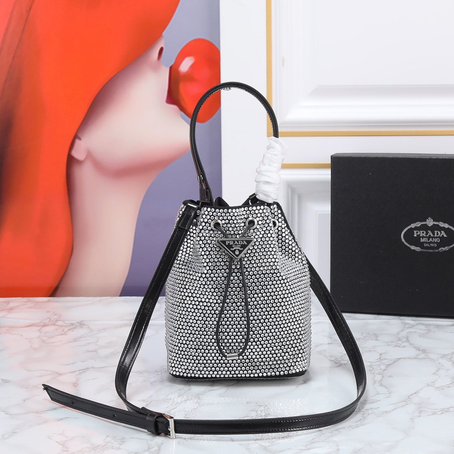 Prada Bolsa Strass Luxury Handbag Bucket Bucket Bag