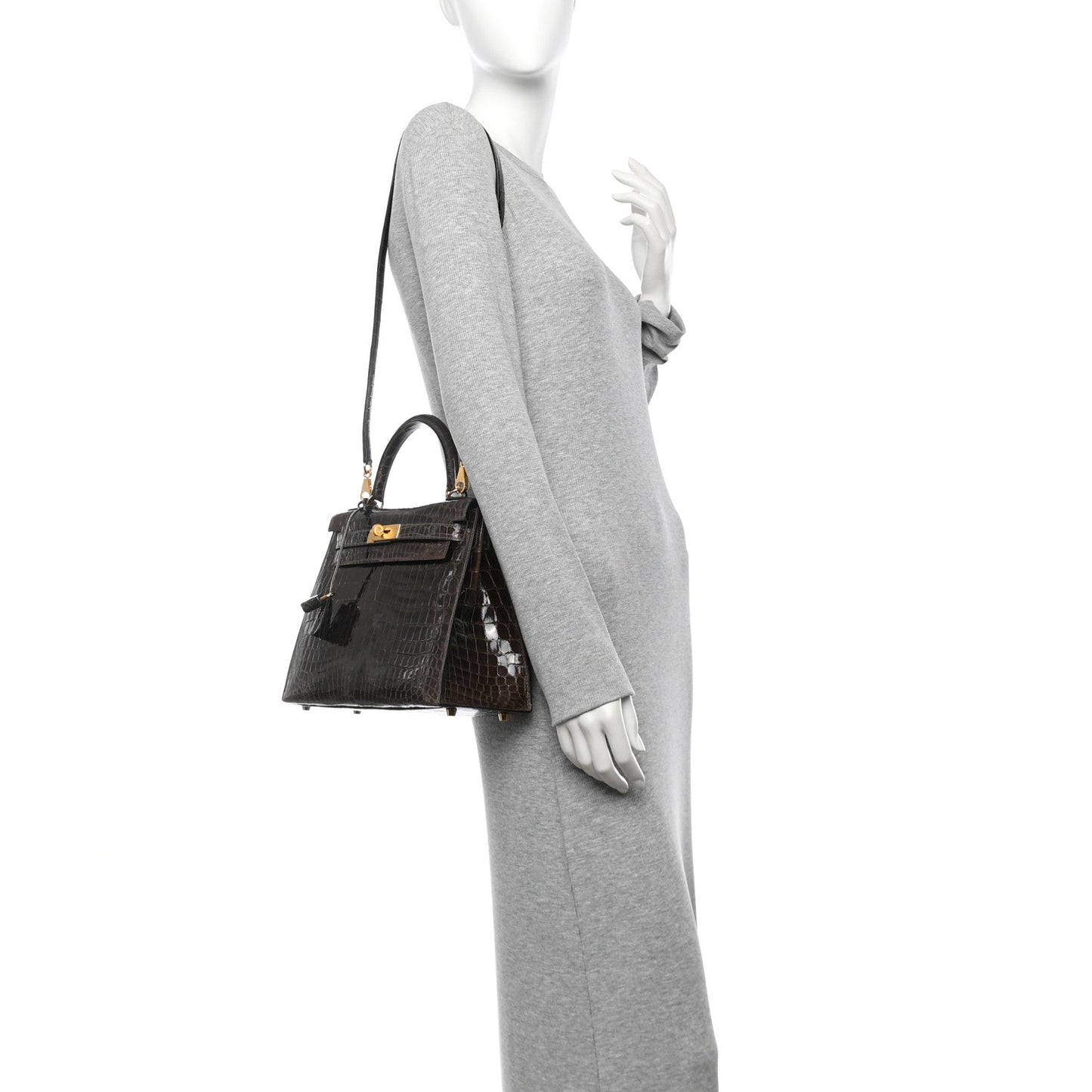 Hermes Shiny Niloticus Crocodile Kelly Sellier Gris Elephant Handbag Travel Bag