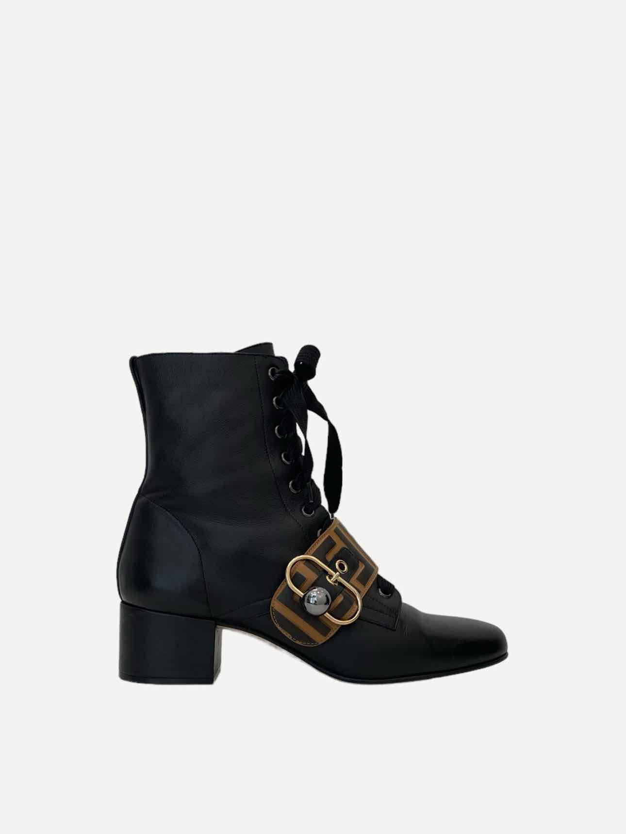 Fendi Lace Up FF Motif Leather Black Small Shoes