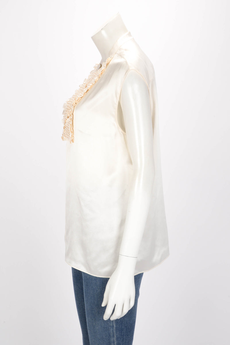 Chanel Ecru Silk Ruffled Sleeveless Top FR 40 Accessory