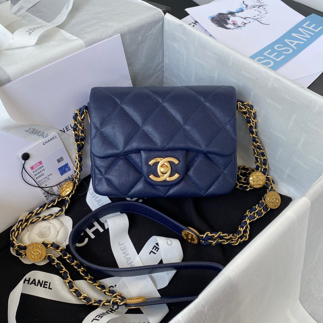 CHLMini Top Handle Hardware , Blue Gold Navy Flap Shoulder Bag