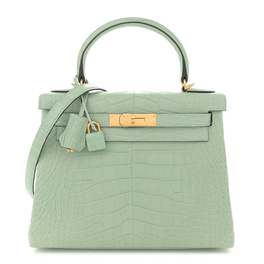 Hermes Matte Alligator Kelly Retourne Vert Eau Handbag Travel Bag