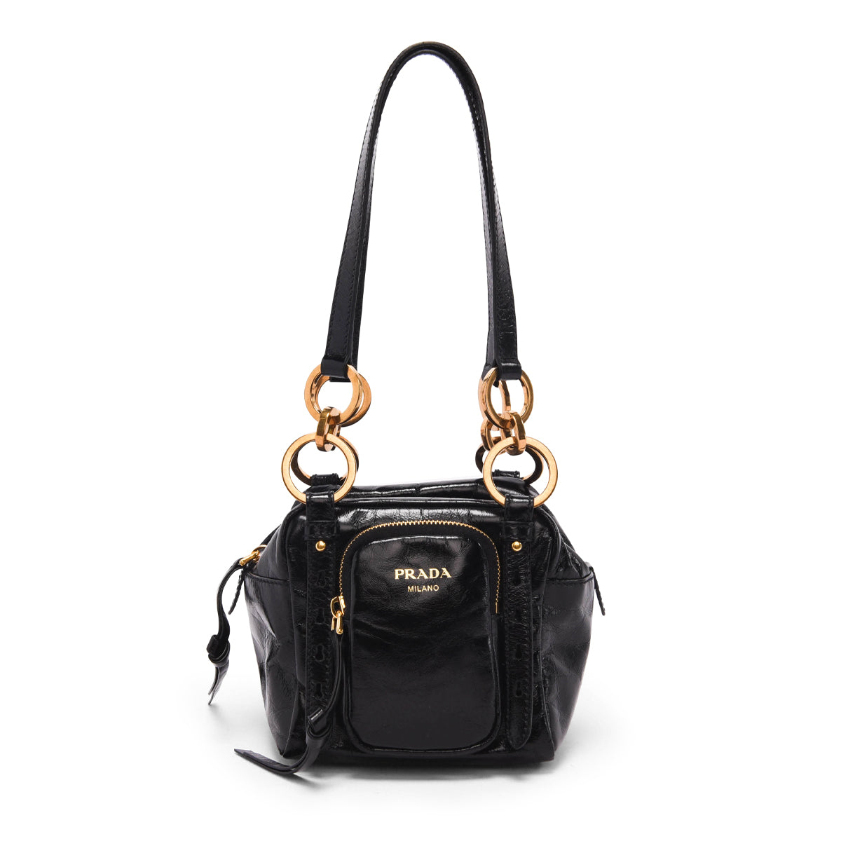 Prada Distressed Dangle Bag Leather Black Mini Travel Bag