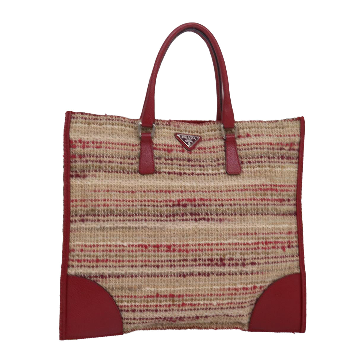 Prada Hand Bag Wool Auth Beige Red Travel Bag