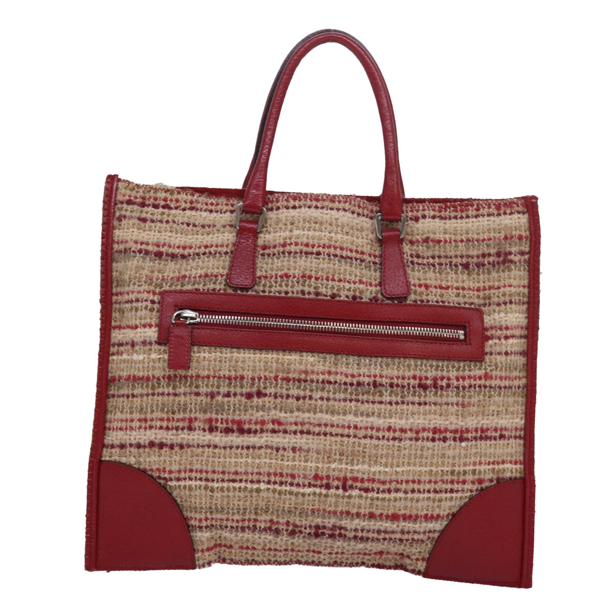 Prada Hand Bag Wool Auth Beige Red Travel Bag