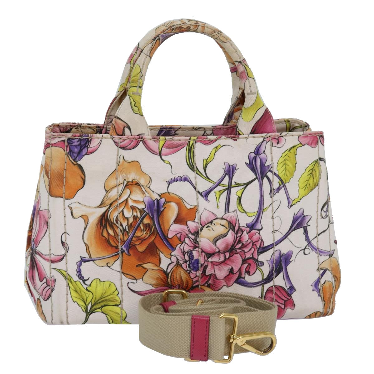 Prada Flower Pattern Canapa Pm Hand Bag 2Way Auth Canvas Multicolor Travel Bag