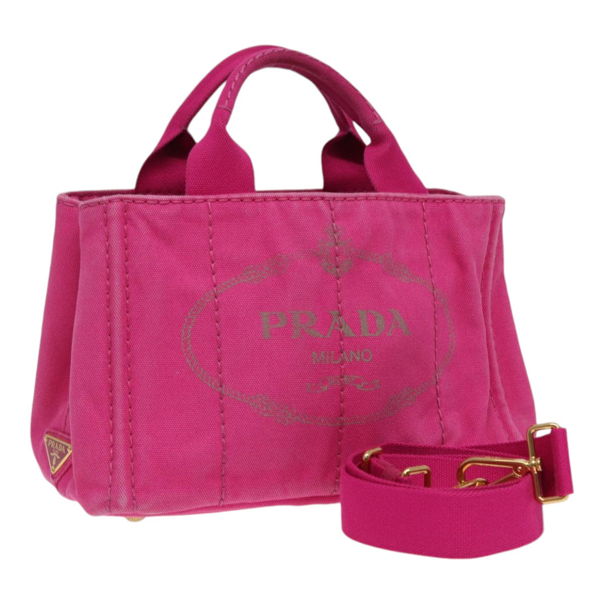 Prada Canapa Pm Hand Bag 2Way Auth Canvas Pink Gold Travel Bag