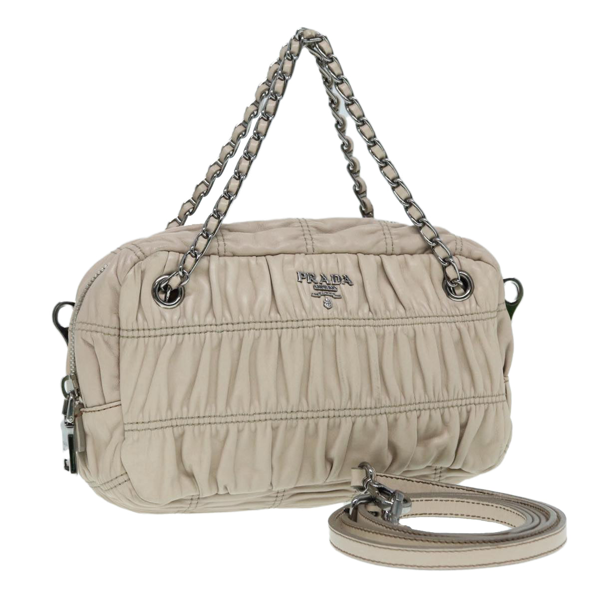 Prada Gathered Hand Bag 2Way Auth Leather Beige Silver Travel Bag