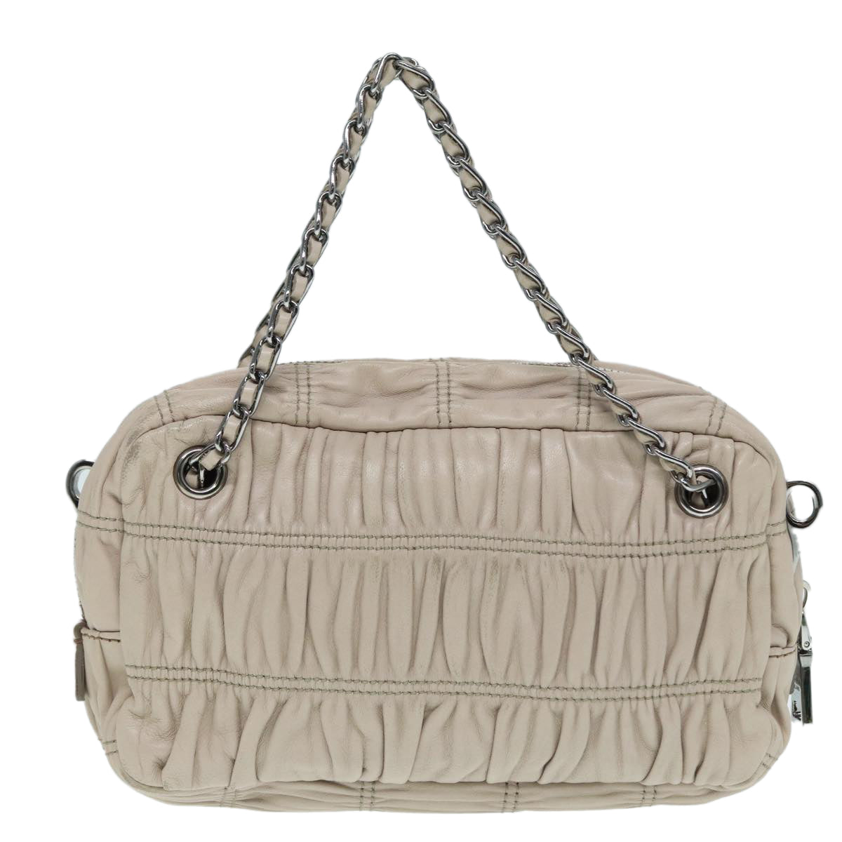 Prada Gathered Hand Bag 2Way Auth Leather Beige Silver Travel Bag