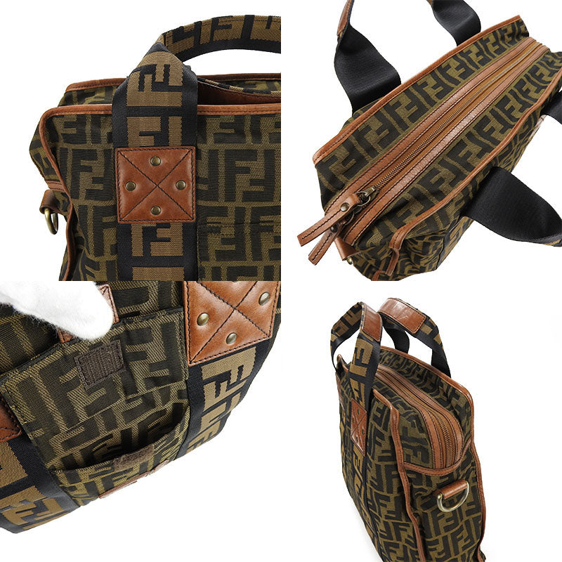 Fendi Handbag 7Va158 Zucca Women Leather Canvas Brown Travel Bag