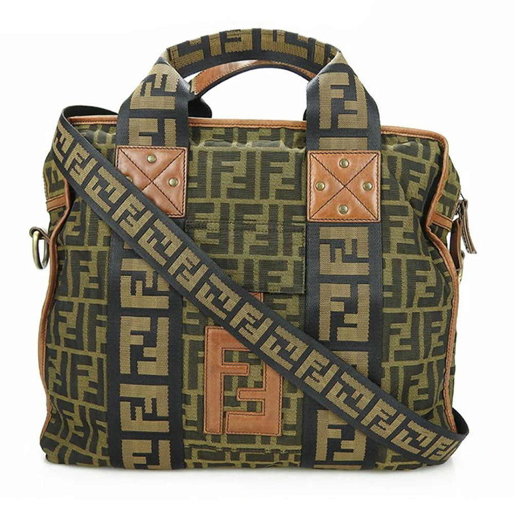 Fendi Handbag 7Va158 Zucca Women Leather Canvas Brown Travel Bag