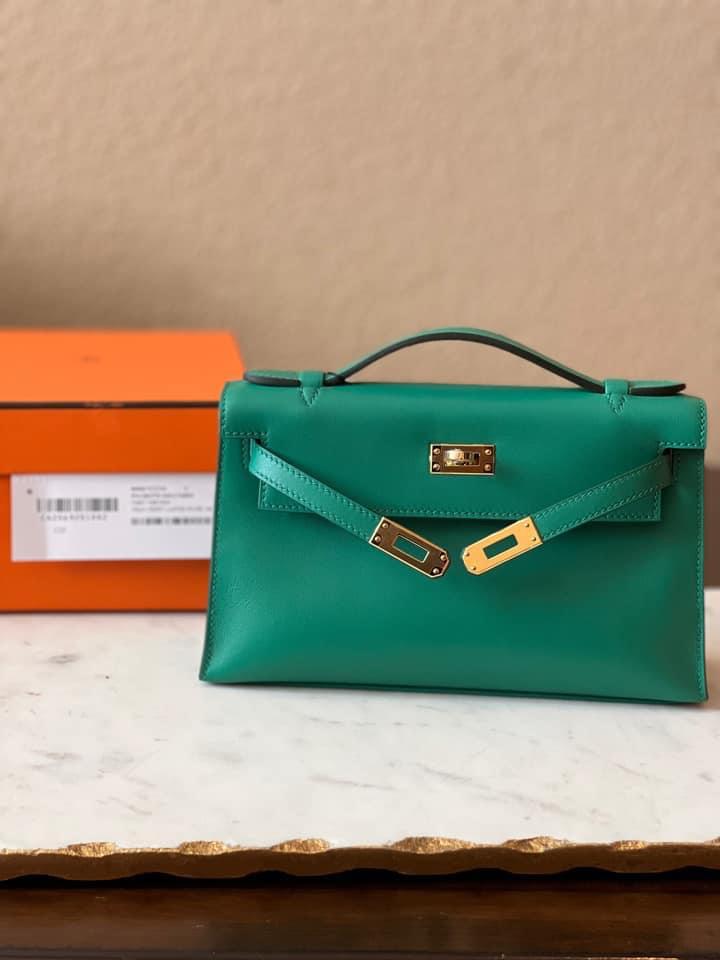 Hermes Kelly Pochette Vert Vertigo Swift Hardware Handbag Gold Travel Bag Payment 1