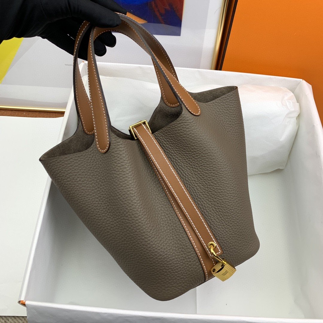 Top Quality Picotin Lock Bag Etoupe With Brown Gold Travel Bag
