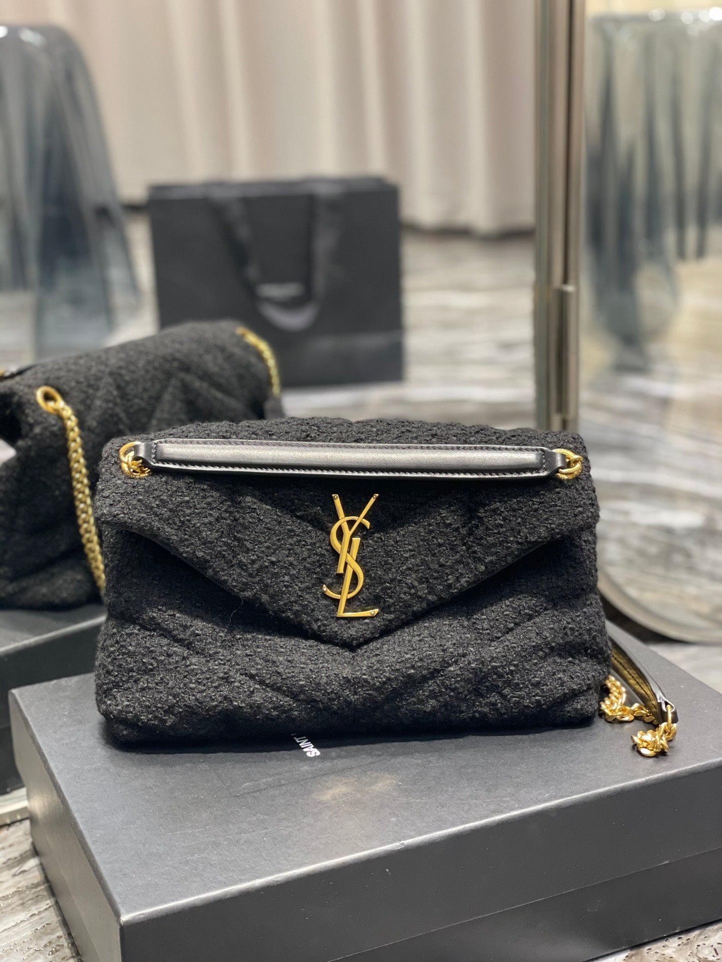 YSL Saint Laurent Puffer , ’s 11in 29cm Black Small Chain Handbag