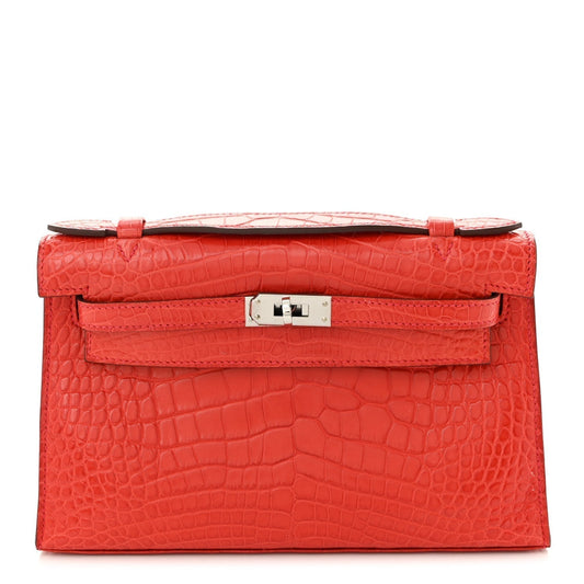 Hermes Matte Alligator Kelly Pochette Bougainvillea Handbag Travel Bag