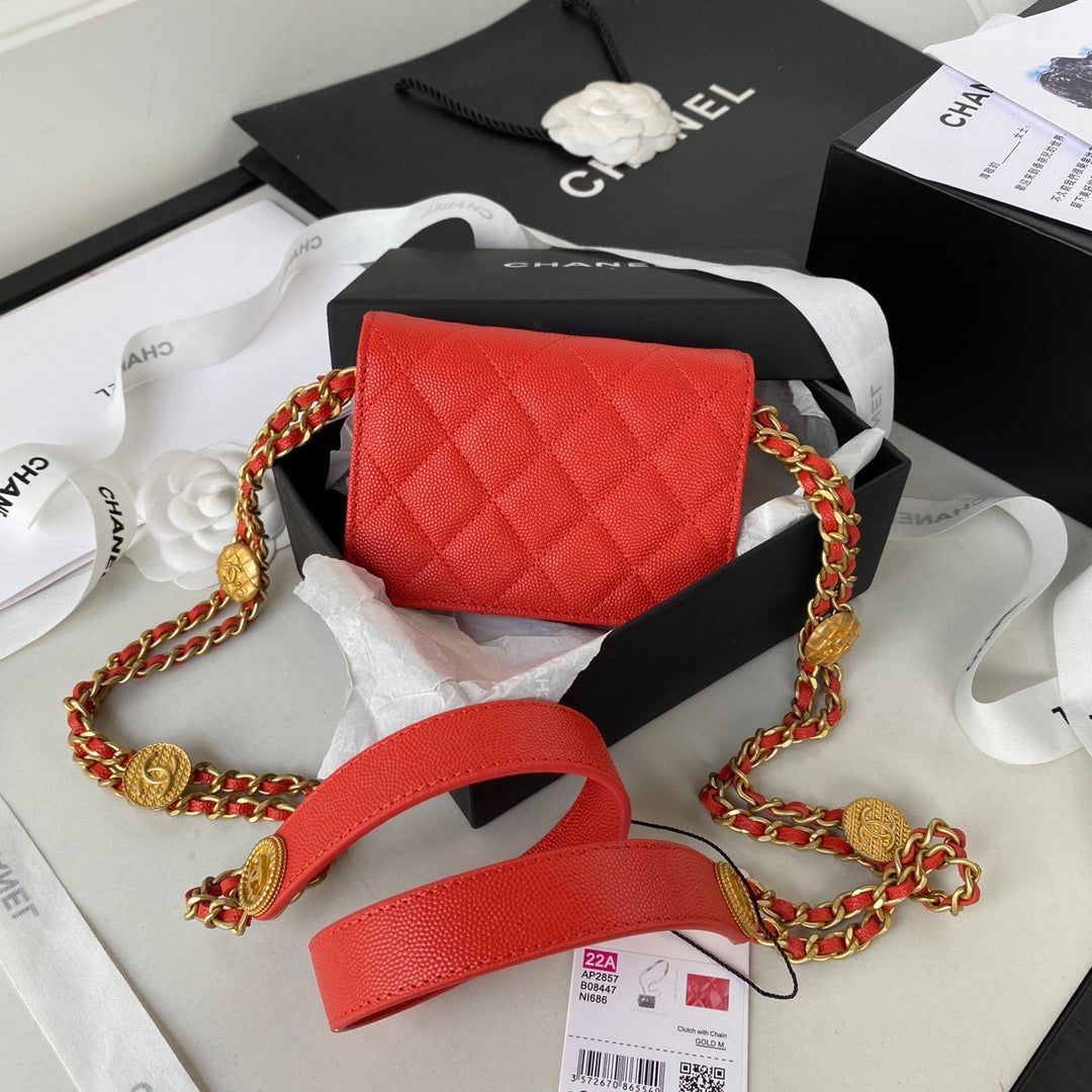 CHL Hardware Grained Shinny , Red Gold Chain Shoulder Bag