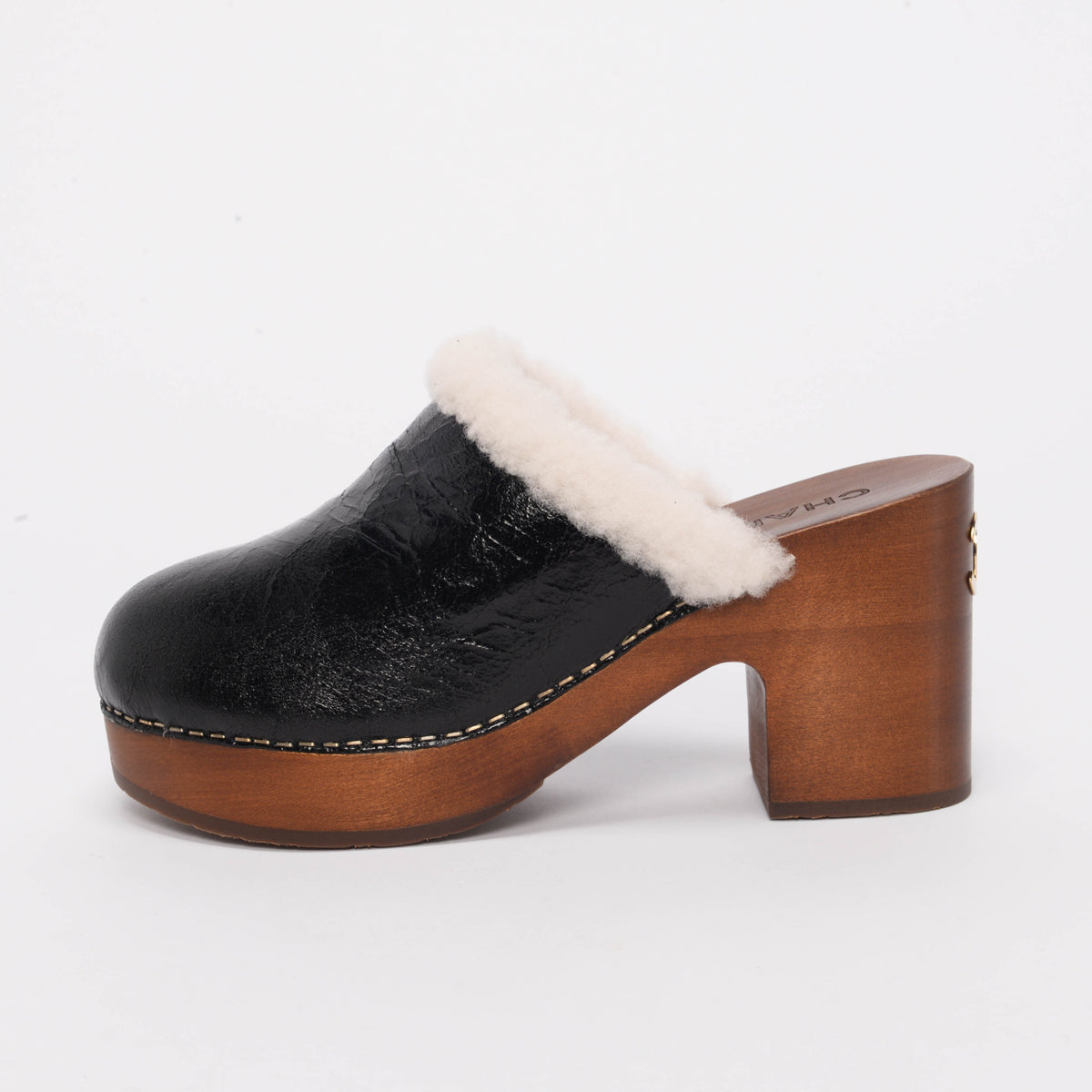 Chanel Black Crackled Sheepskin CC Clogs 38 Accessory
