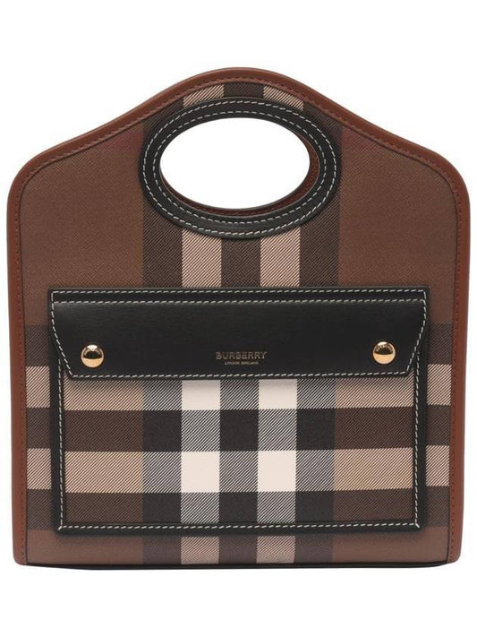 Burberry Luxury Pocket Checked Tote Bag Dark Burch Leather Brown Mini