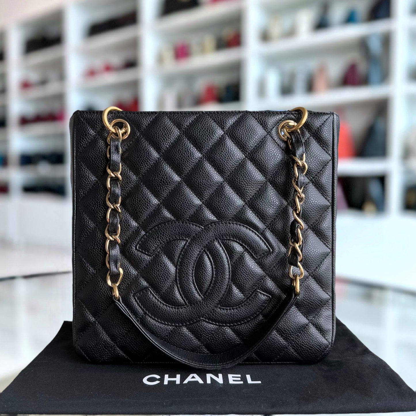 Chanel PST Petite Shopping Tote - Caivar Hardware Quilted Black Tote Bag