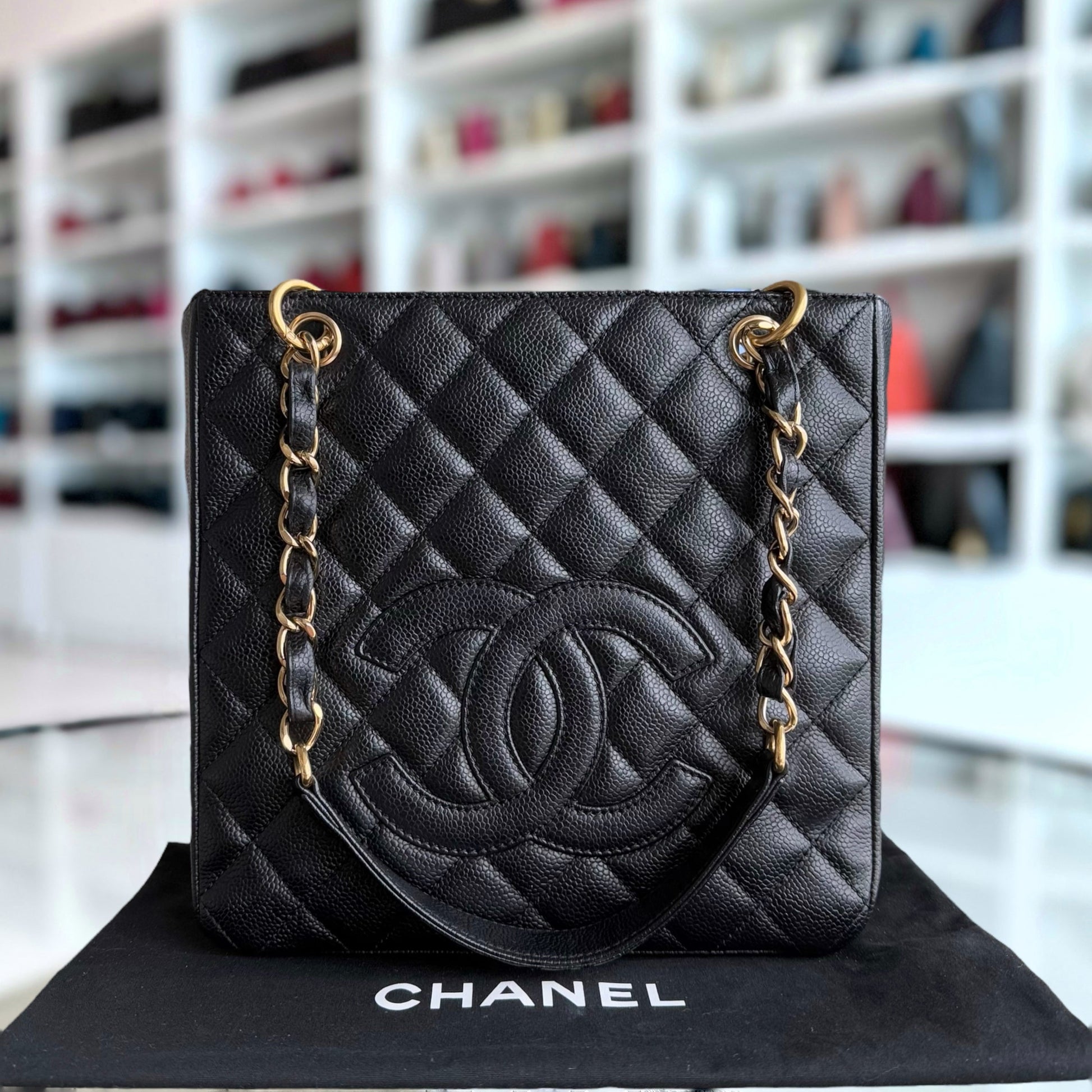 Chanel PST Petite Shopping Tote - Caivar Hardware Quilted Black Tote Bag