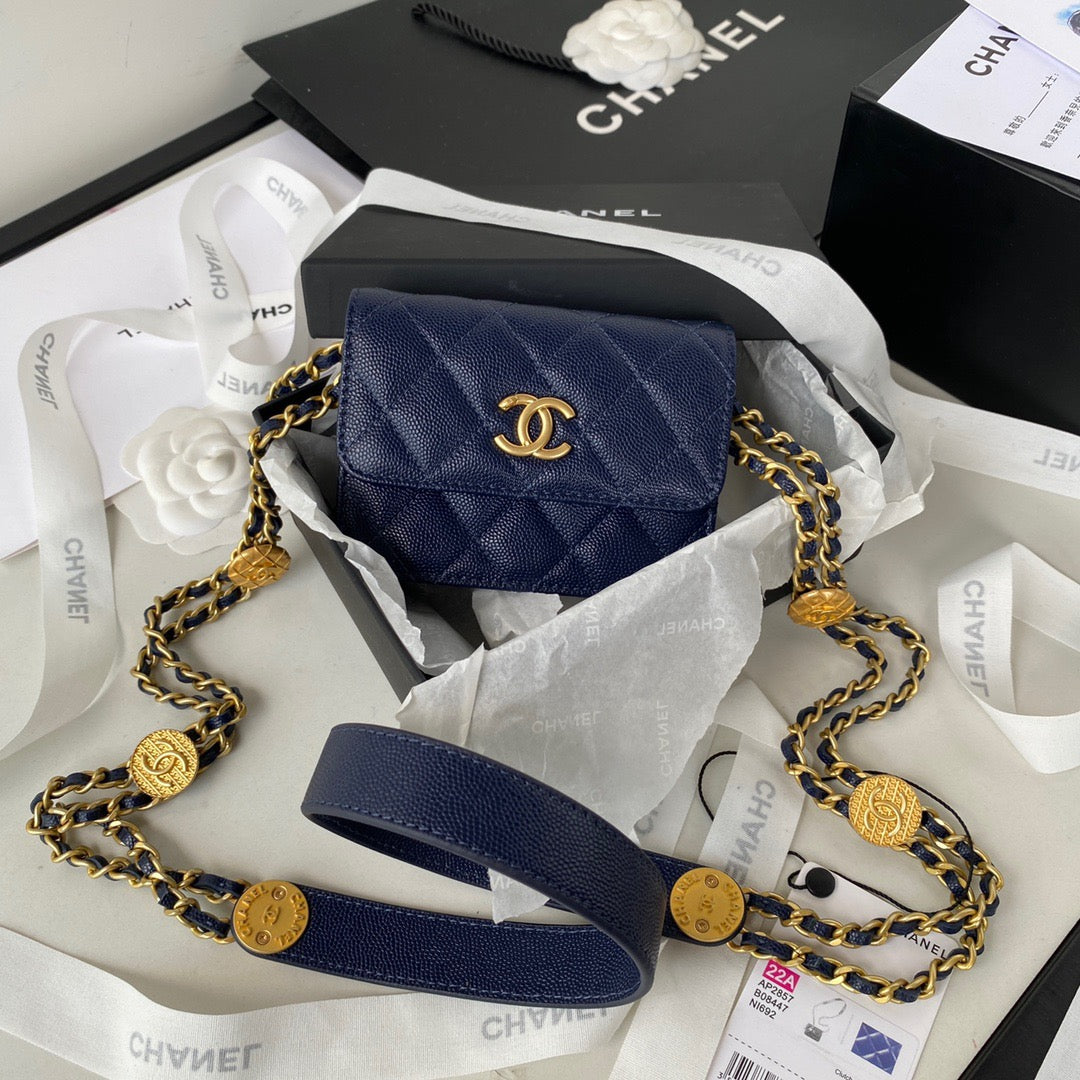 Chanel Clutch With Hardware Grained Shinny Navy For Blue Gold Shoulder Bag