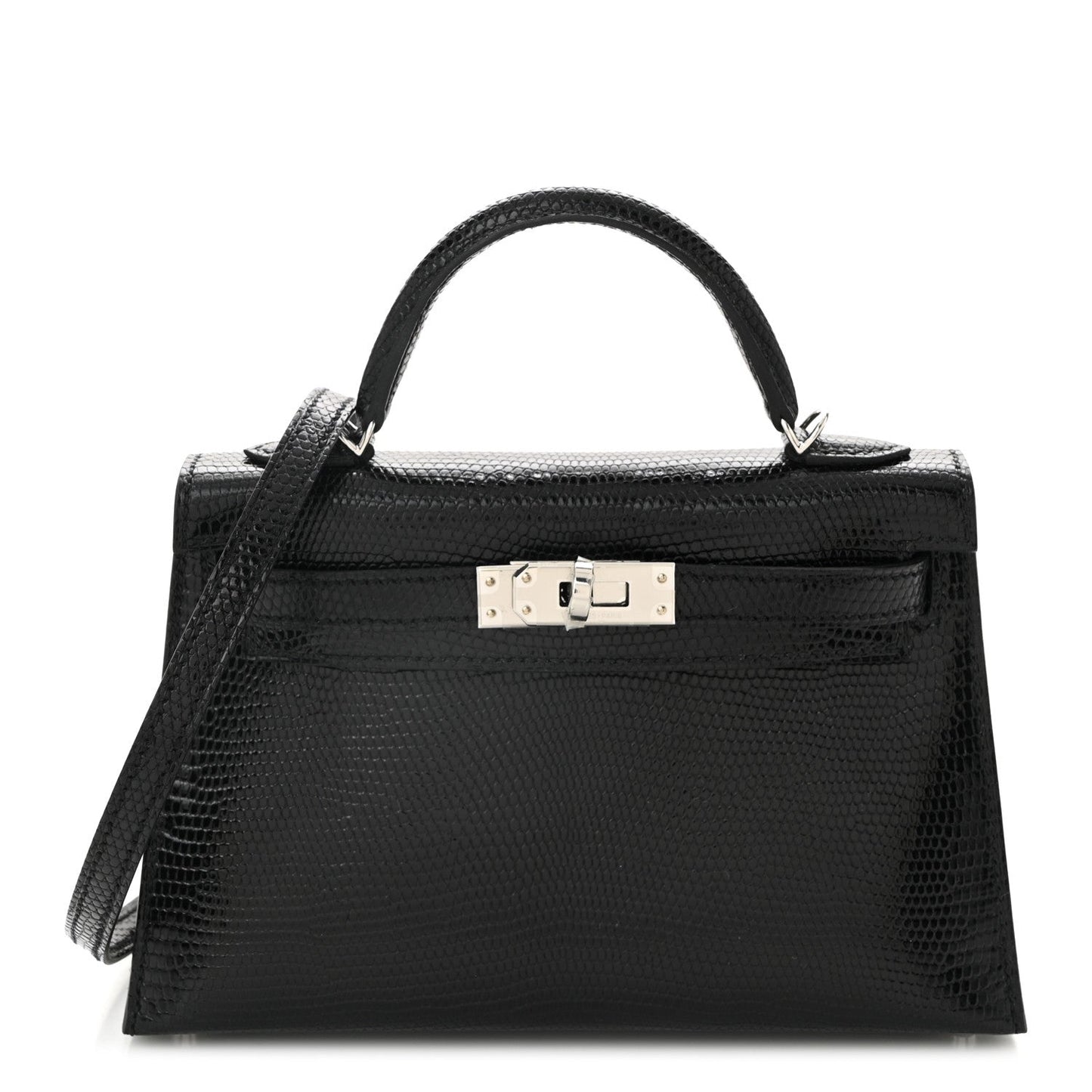 Hermes Shiny Lizard Kelly Sellier Handbag Black Mini Travel Bag