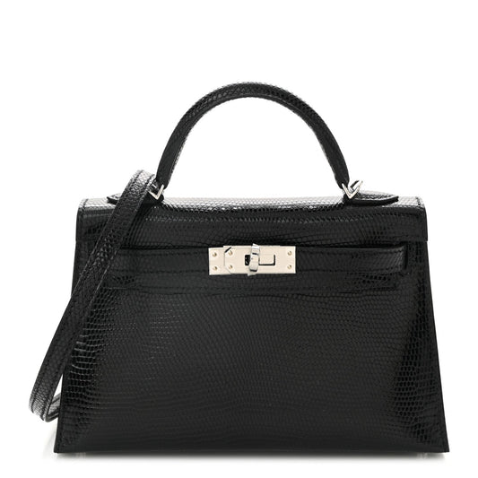 Hermes Shiny Lizard Kelly Sellier Handbag Black Mini Travel Bag