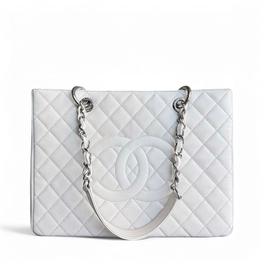 Chanel GST Grand Shopping Tote - Caviar Hardware Quilted White Tote Bag