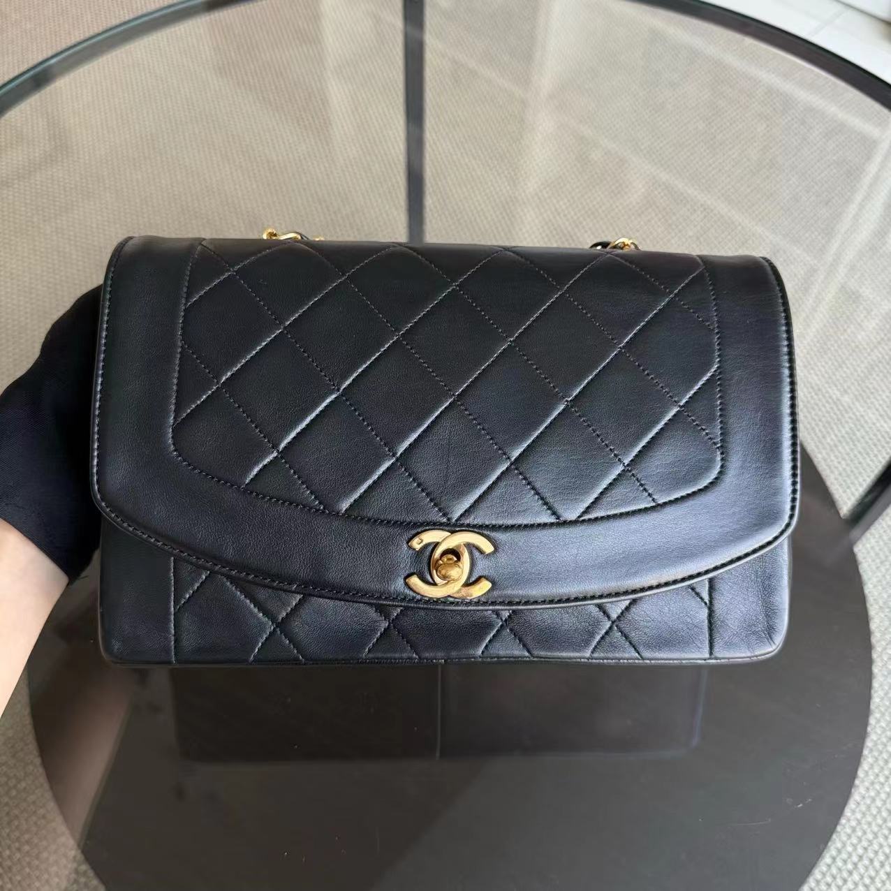Chanel Diana Bag Lambskin Golden Hardware Series 2 Quilted Black Handbag
