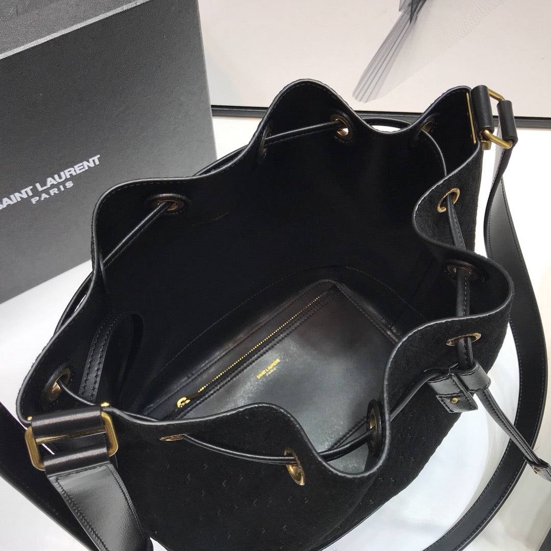 YSL Saint Laurent All-Over 10.5in 27cm Monogram Black Bucket Bag