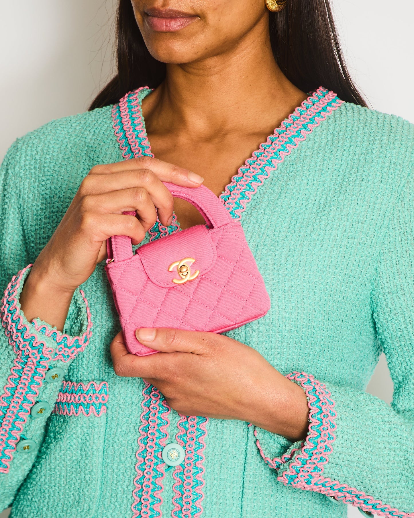 Chanel *RARE* Pink Nano Mini Kelly in Pink Quilted Jersey with Brushed Antique Gold Hardware