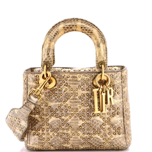 Dior Lady Lizard Print Shoulder Bag Metallic Gold Mini