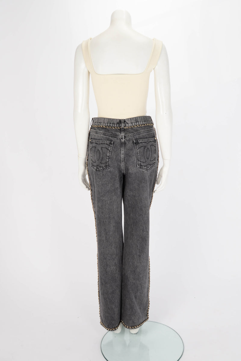 Chanel Black Denim CC Chain Trim Jeans FR 42 Apparel