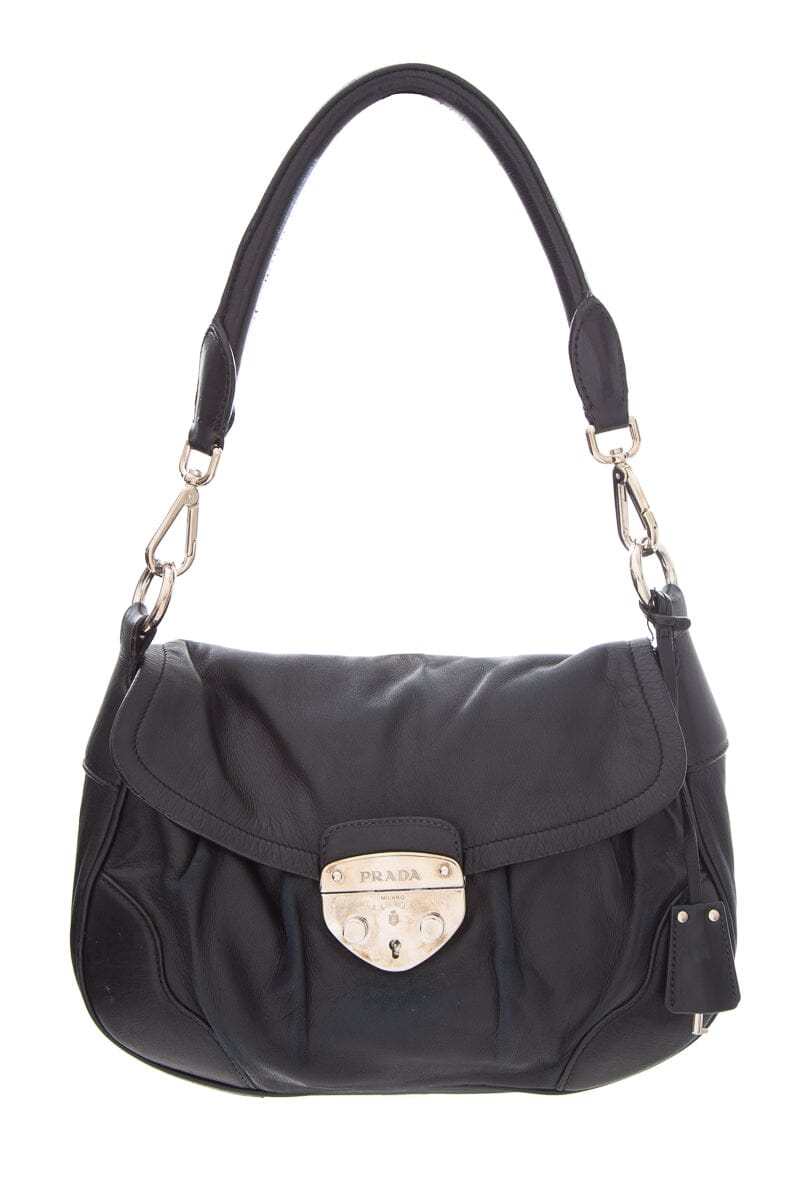 Prada Milano Dal Pushlock Key Handbag Leather Black Travel Bag