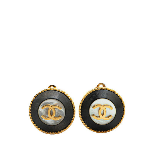 Chanel Gold Plated Coco Mark Round Shell Earrings Jewelry