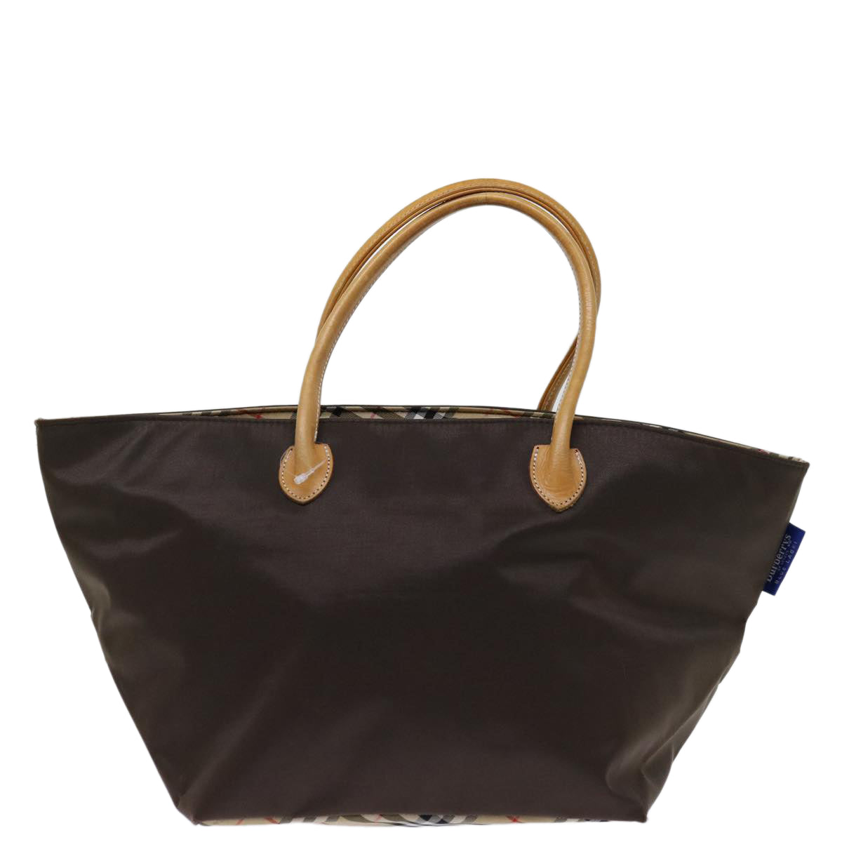 Burberry Luxury ss Nova Check Label Tote Bag Auth Nylon Brown Blue Brown Auth Bs12913
