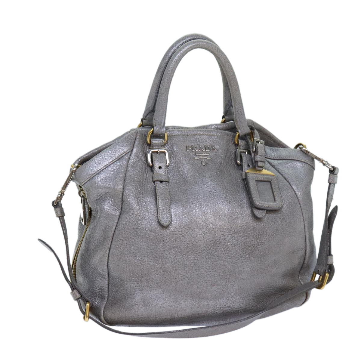 Prada Hand Bag 2Way Auth Leather Silver Travel Bag