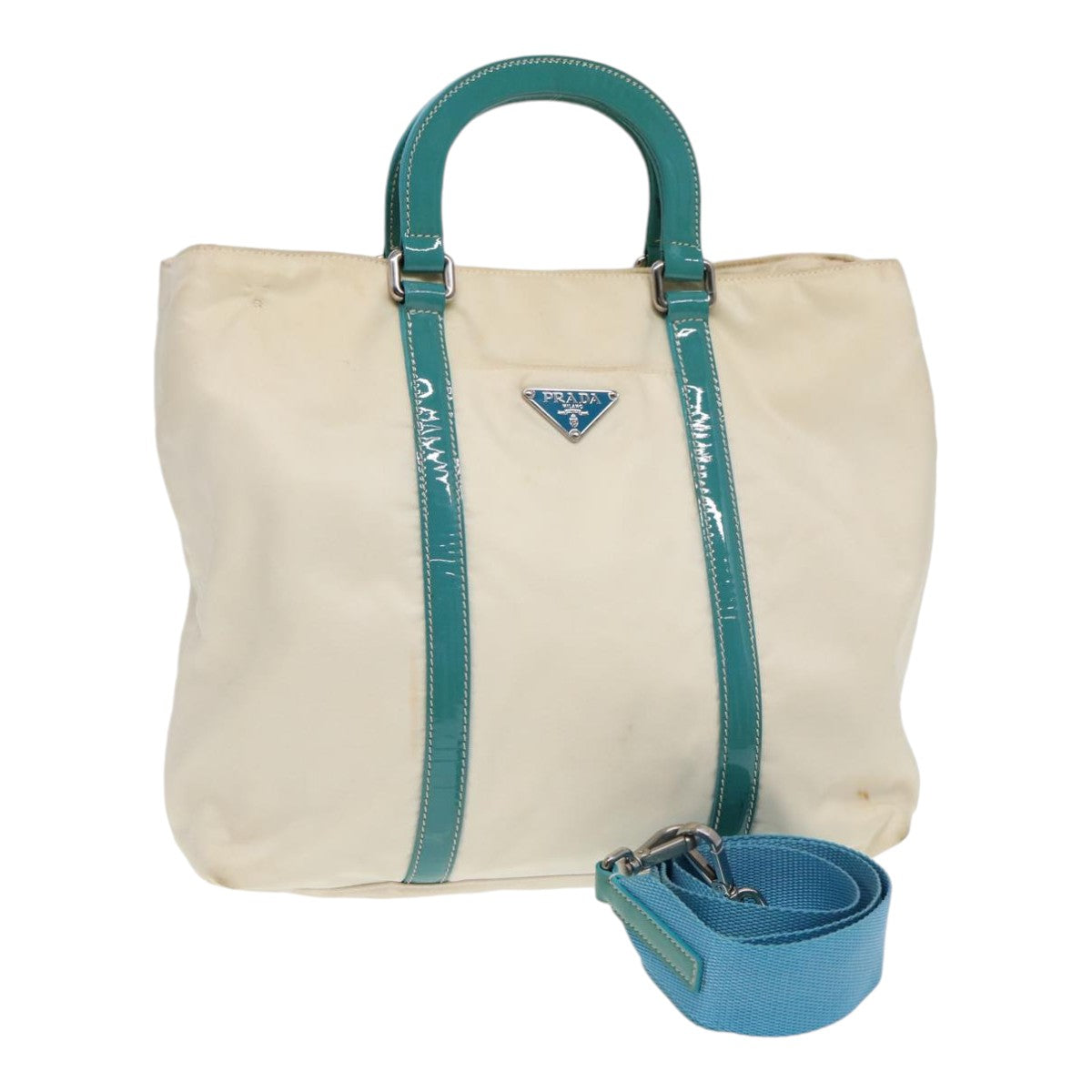 Prada Hand Bag 2Way Turquoise Auth Nylon White Blue Travel Bag