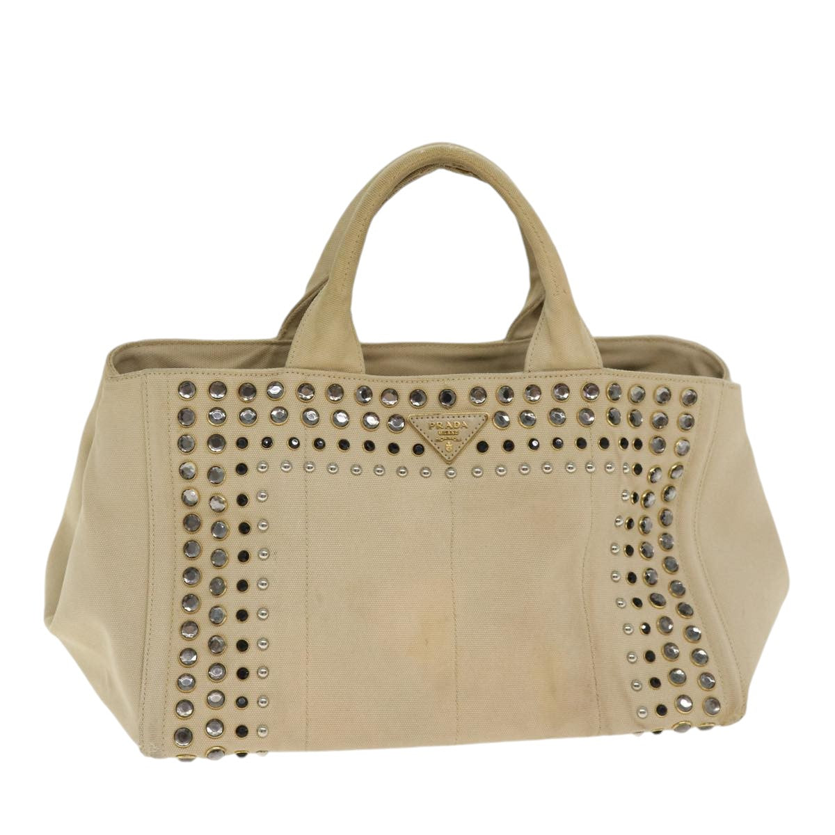 Prada Canapa Mm Hand Bag Auth Canvas Beige Gold Travel Bag