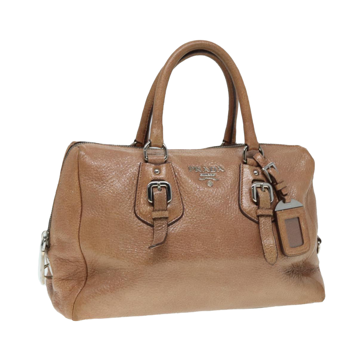 Prada Hand Bag Auth Leather Beige Silver Travel Bag