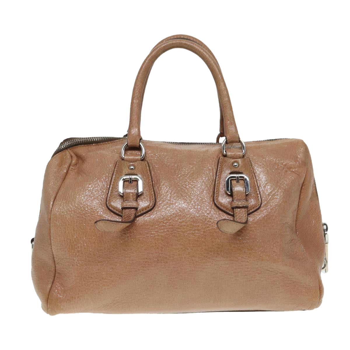 Prada Hand Bag Auth Leather Beige Silver Travel Bag