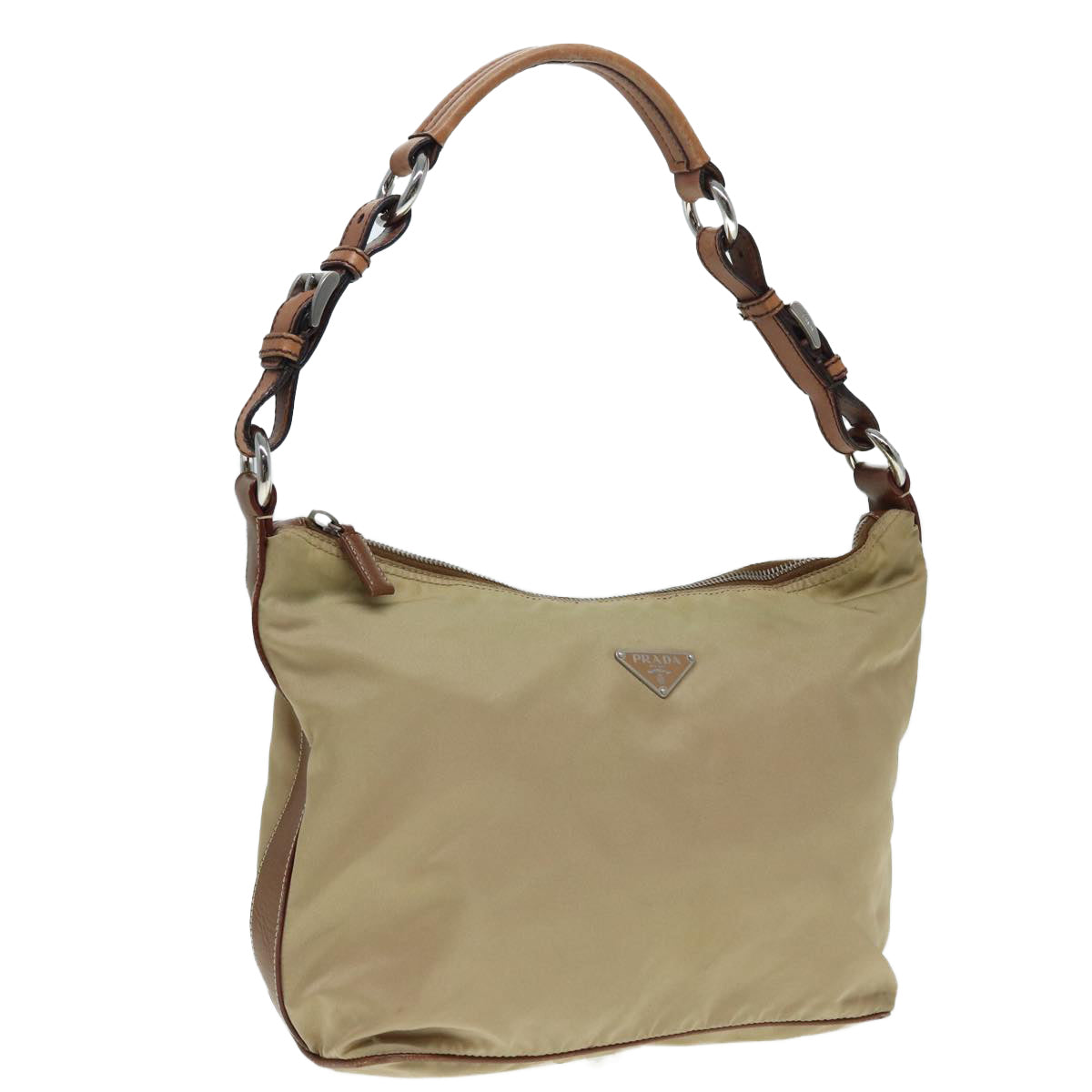 Prada Shoulder Bag Auth Leather Nylon Beige