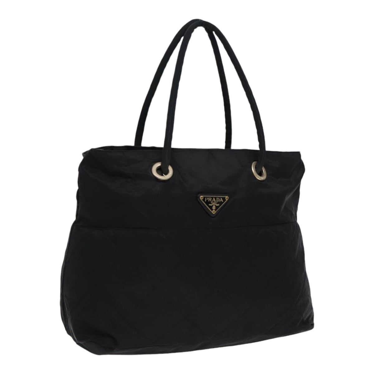 Prada Hand Bag Auth Nylon Black Gold Travel Bag Gold Auth Bs17605