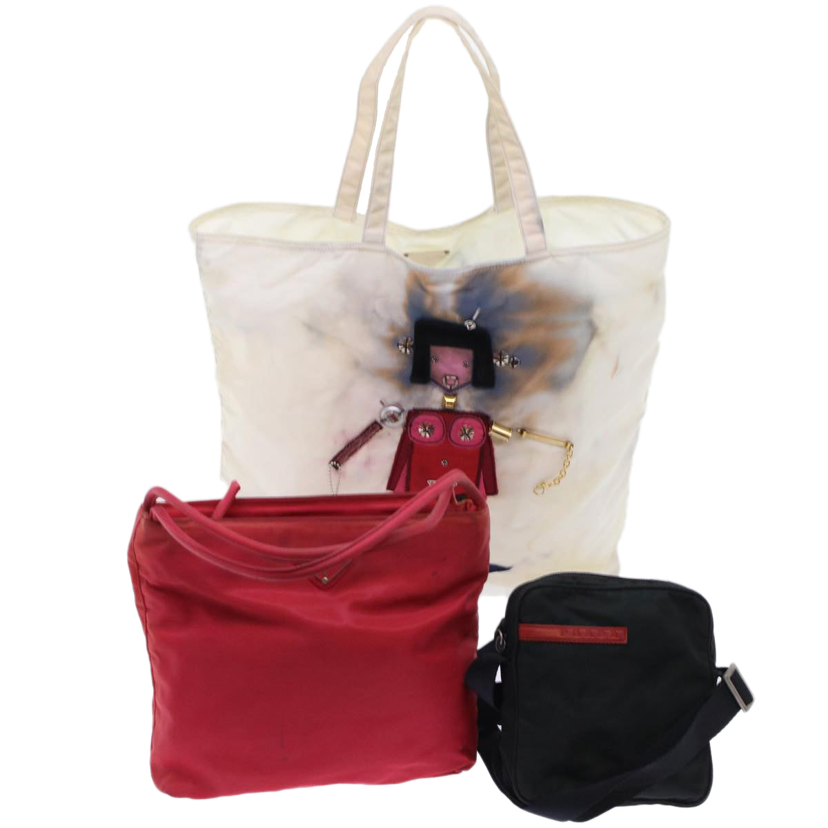 Prada Shoulder Bag 3Set Auth Nylon Black White