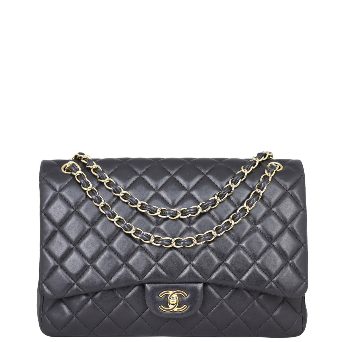 Chanel Classic Single Maxi Lambskin Hardware Handbag Black Gold