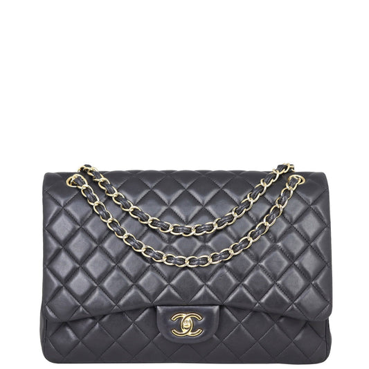Chanel Classic Single Maxi Lambskin Hardware Handbag Black Gold