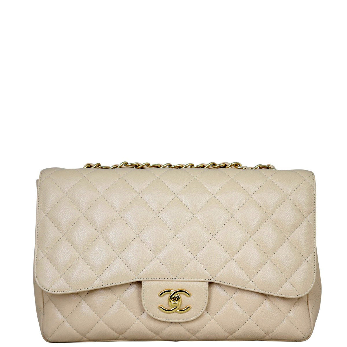Chanel Classic Single Jumbo Caviar Handbag White Beige