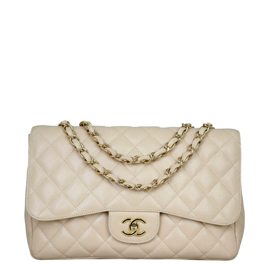 Chanel Classic Single Jumbo Caviar Handbag White Beige